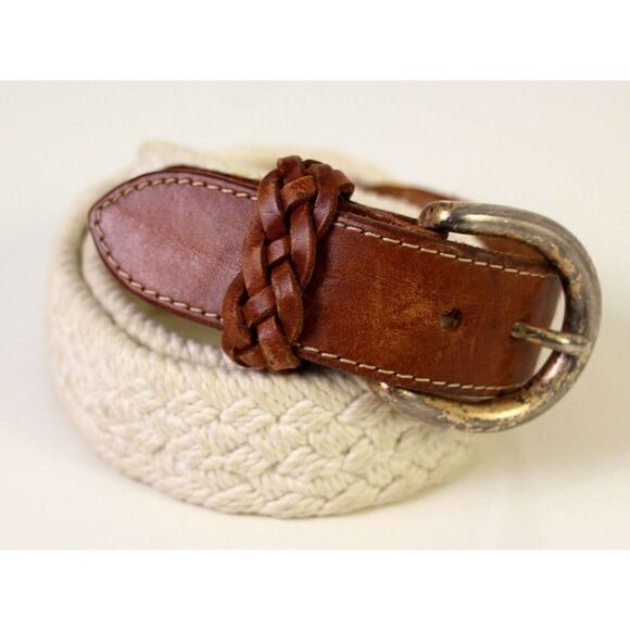 Eddie Bauer BROWN REAL LEATHER 1 1/8"Wd WOVEN WHITE CORD WOMEN'S BELT S/M (A47 - Picture 6 of 9
